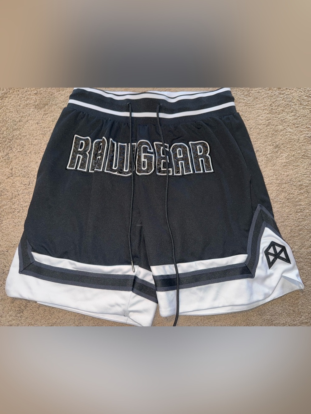 Rawgear Men’s Black Athletic Shorts with White Trim and Logo